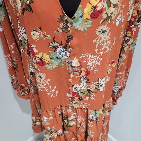 Emma & Michele Womens Floral Dropwaist Long Sleeve Dress Size Medium Orange Boho - Picture 4 of 13